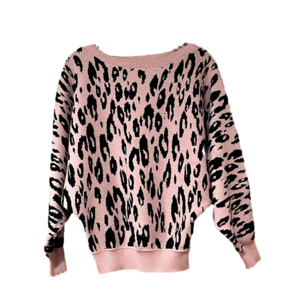 GABERLY Pink Leopard Boat Neck Batwing Sleeves Dolman Knitted Sweaters